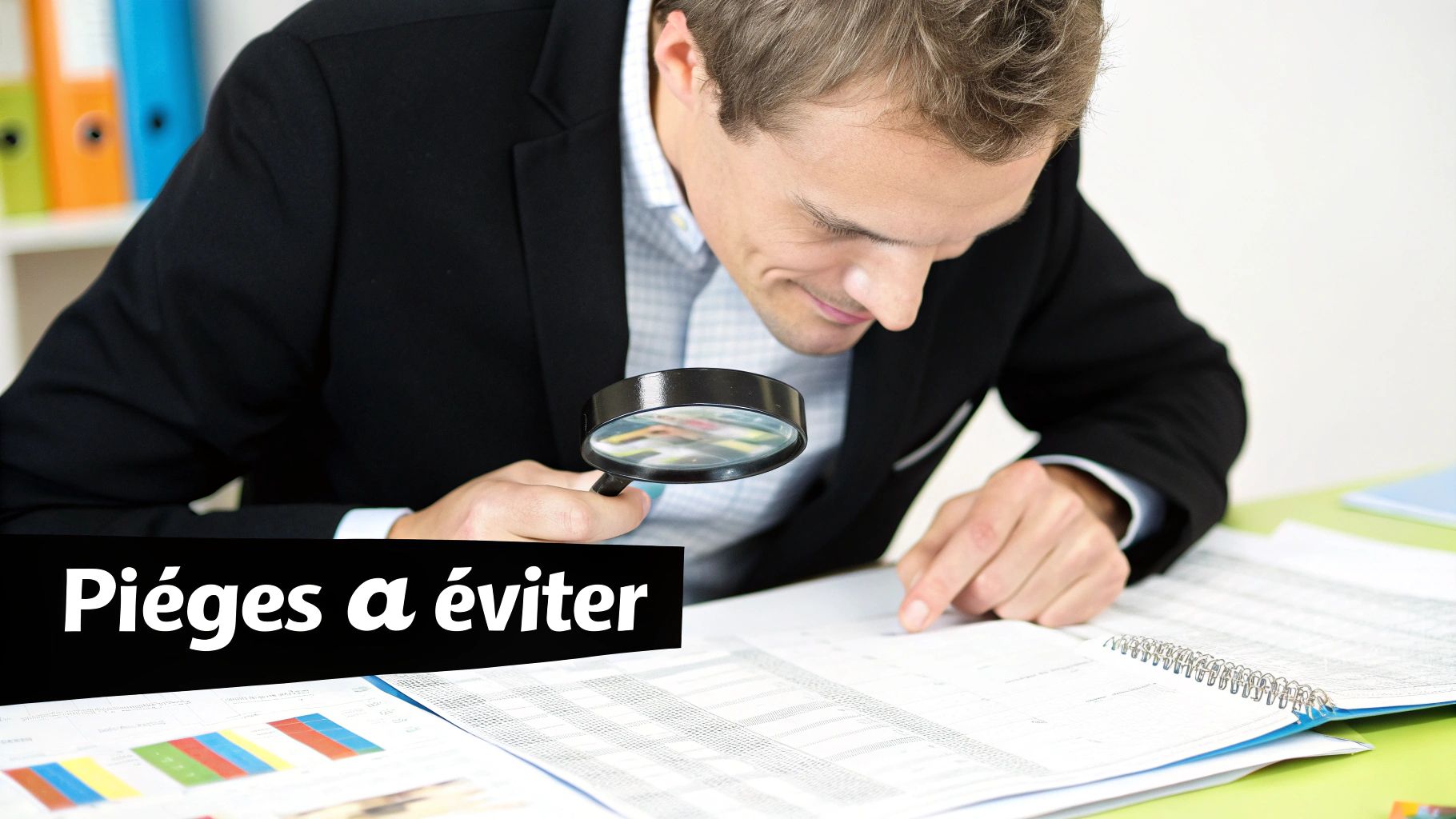 Un homme d'affaires examine des documents financiers avec une loupe, le texte "Pièges à éviter" apparaît.