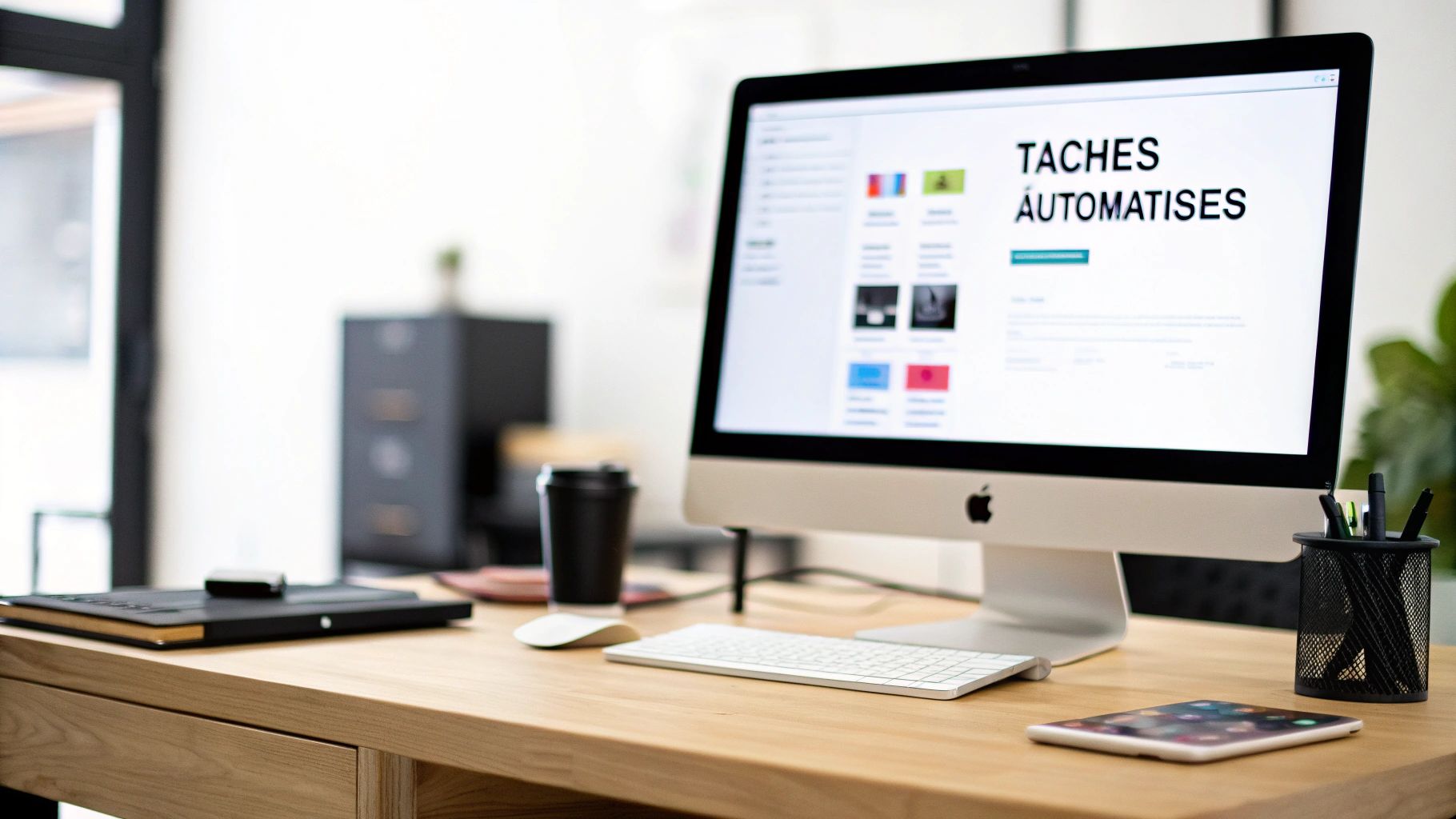 Bureau moderne avec un iMac affichant "Tâches Automatisées", un clavier, une souris et un iPad.