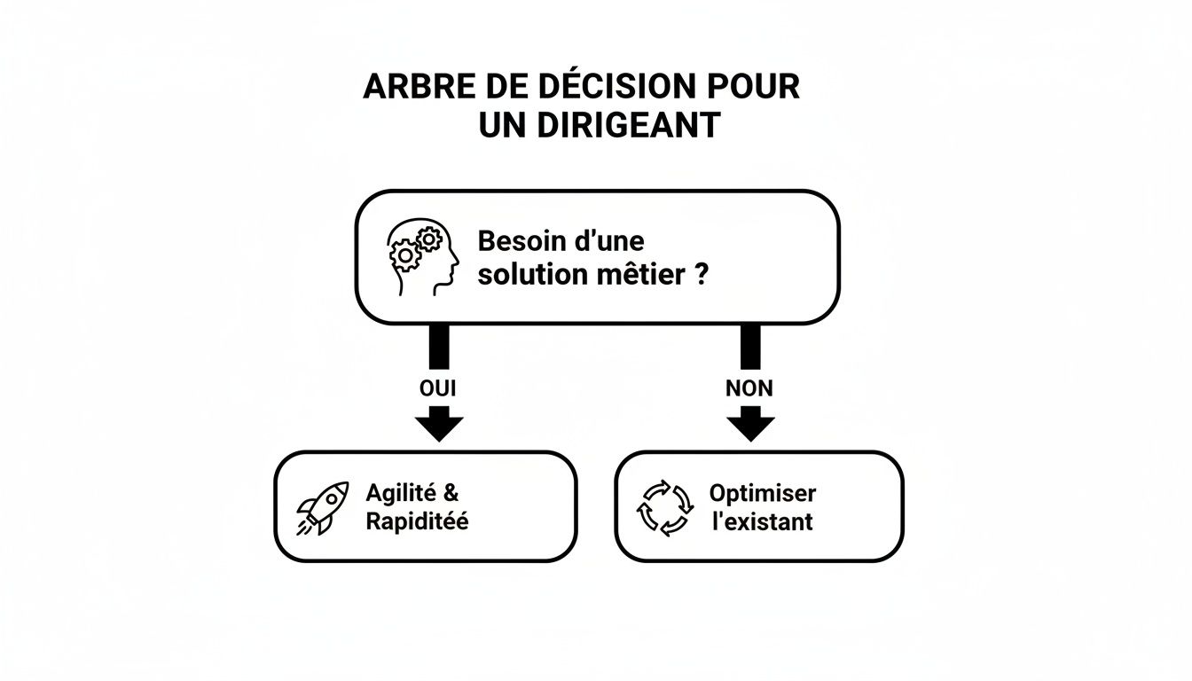 Arbre de décision pour un dirigeant : besoin d'une solution métier mène à l'agilité ou à l'optimisation de l'existant.