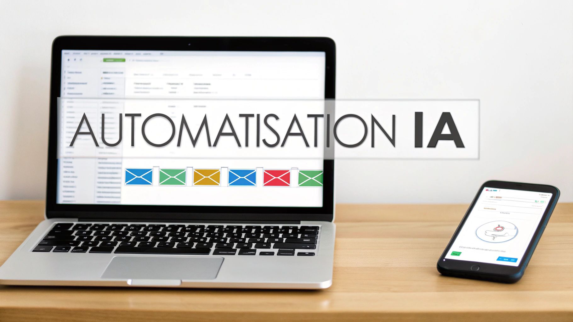 Un ordinateur portable et un smartphone sur un bureau en bois, affichant l'automatisation de l'IA et des icônes d'e-mails.