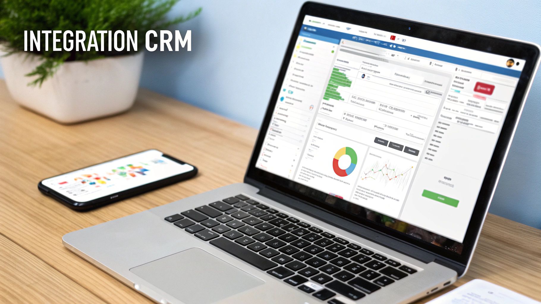 Un ordinateur portable et un smartphone sur un bureau en bois, affichant une intégration CRM et des graphiques d'analyse.