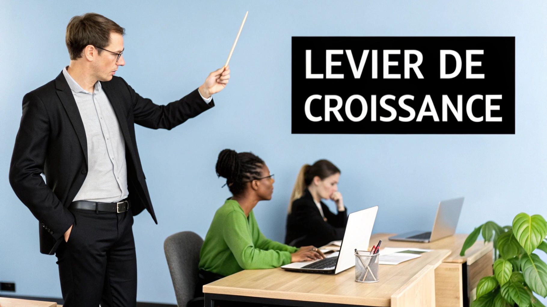 Un instructeur pointe "LEVIER DE CROISSANCE" sur un tableau, enseignant à des professionnelles en salle de formation.