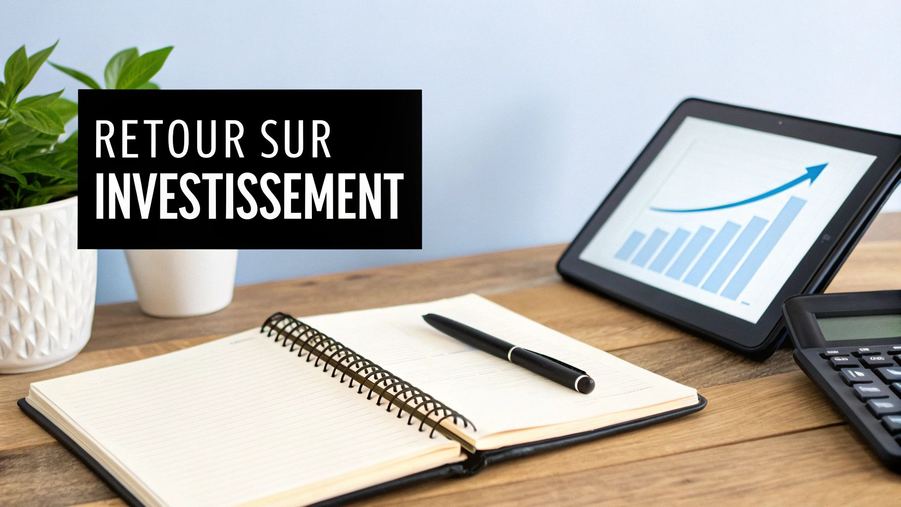 Image affichant la phrase "RETOUR SUR INVESTISSEMENT" sur un bureau avec une plante, une tablette montrant un graphique de croissance, un carnet, un stylo et une calculatrice.