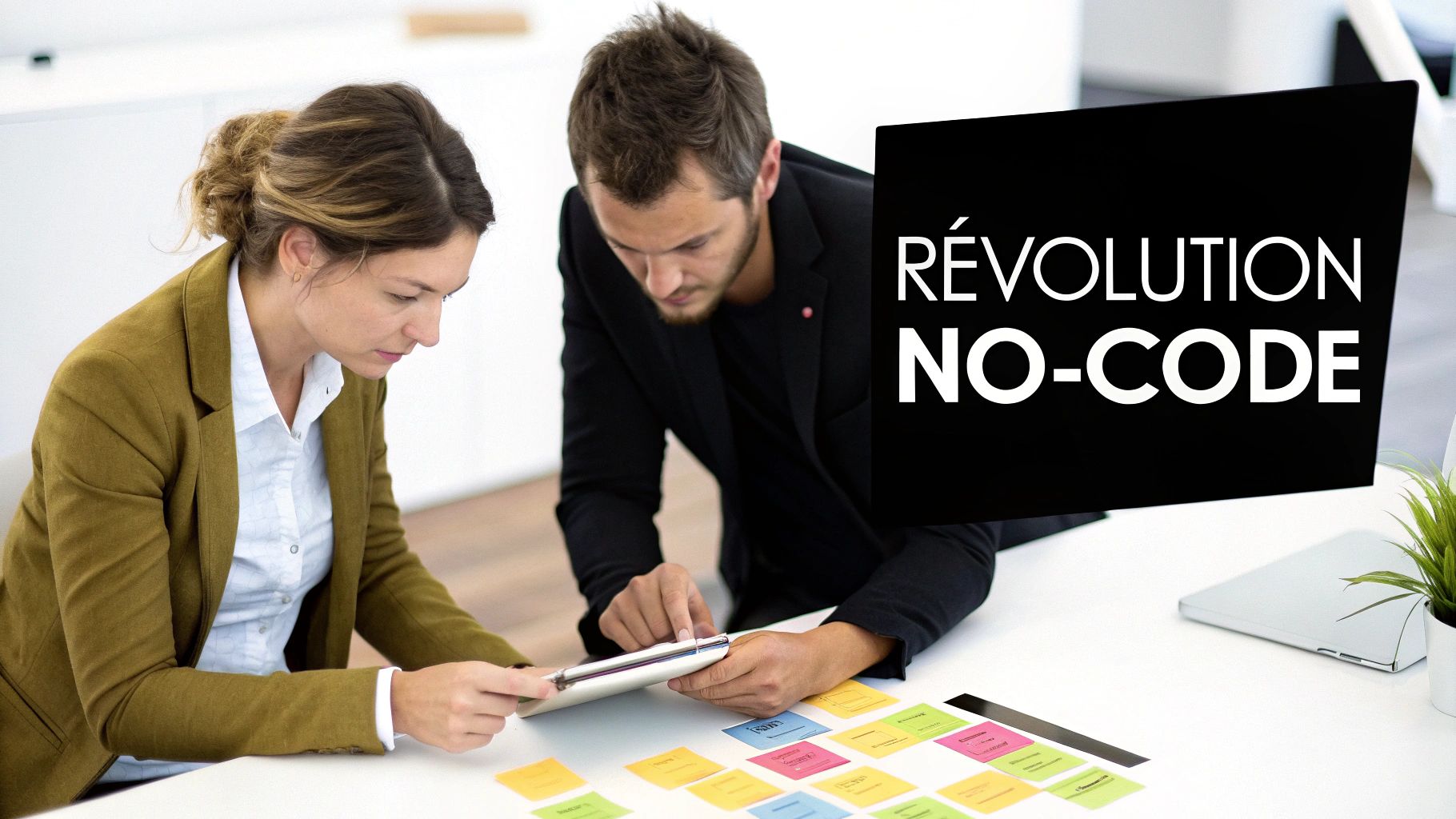 Deux personnes regardent une tablette et des notes colorées sur une table, avec le texte 'RÉVOLUTION NO-CODE'.