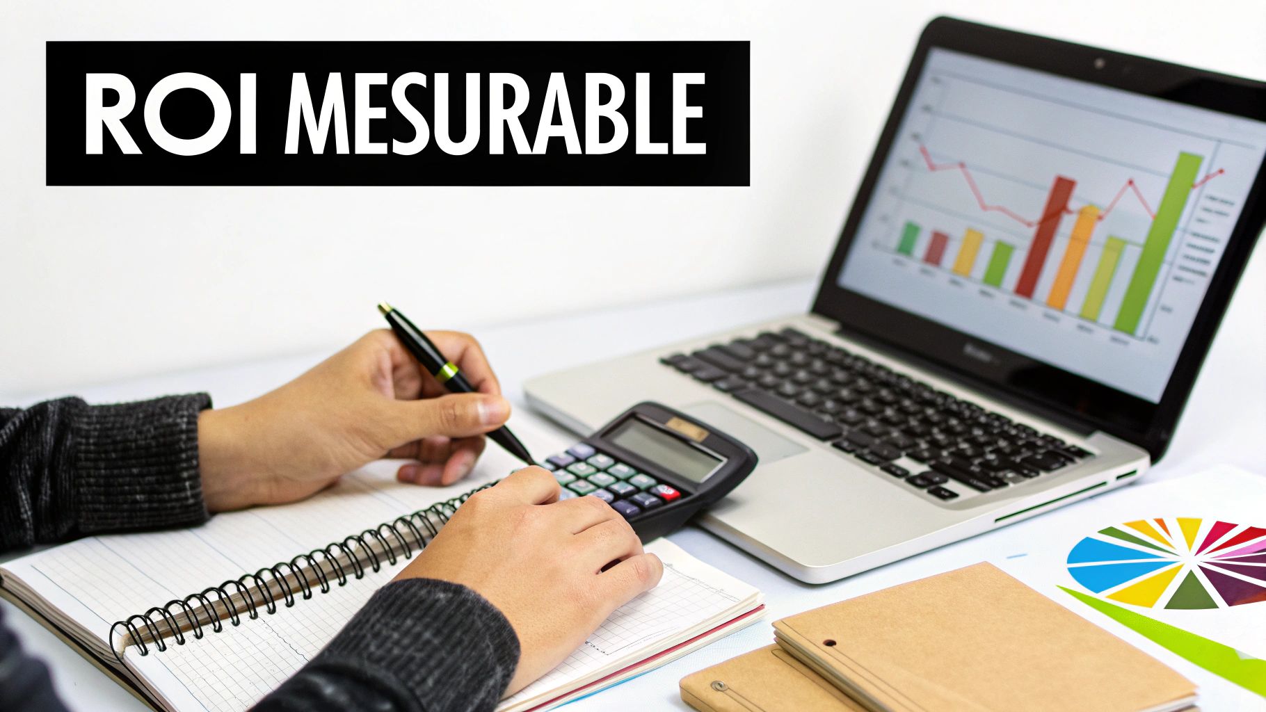 Une personne analysant des chiffres avec un carnet, une calculatrice et un ordinateur portable affichant des graphiques. Le texte "ROI MESURABLE" est visible.
