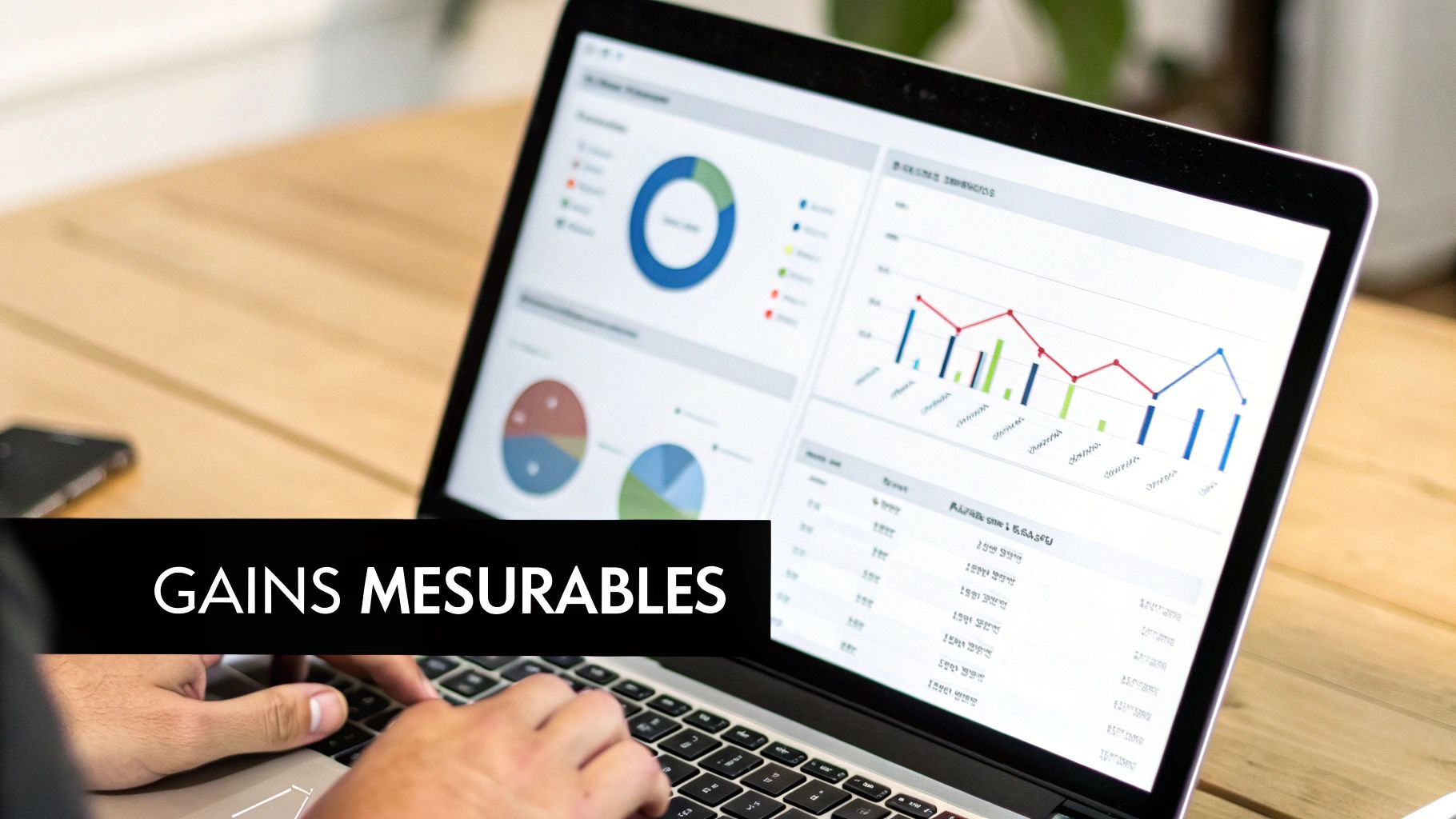 Une personne utilise un ordinateur portable affichant des graphiques de données et des analyses pour des gains mesurables.