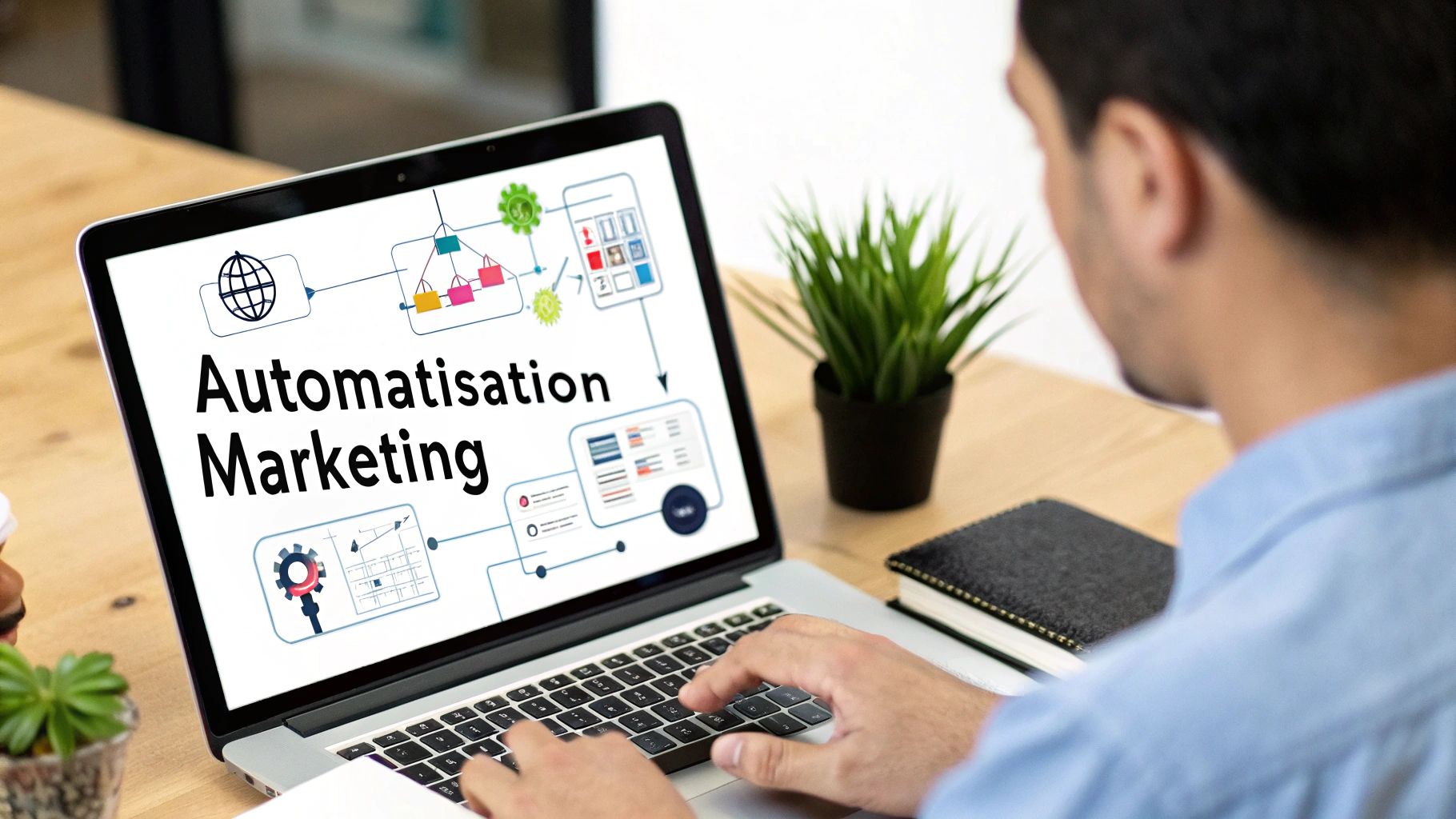 Un homme travaille sur un ordinateur portable affichant un diagramme d'automatisation marketing sur un bureau en bois.