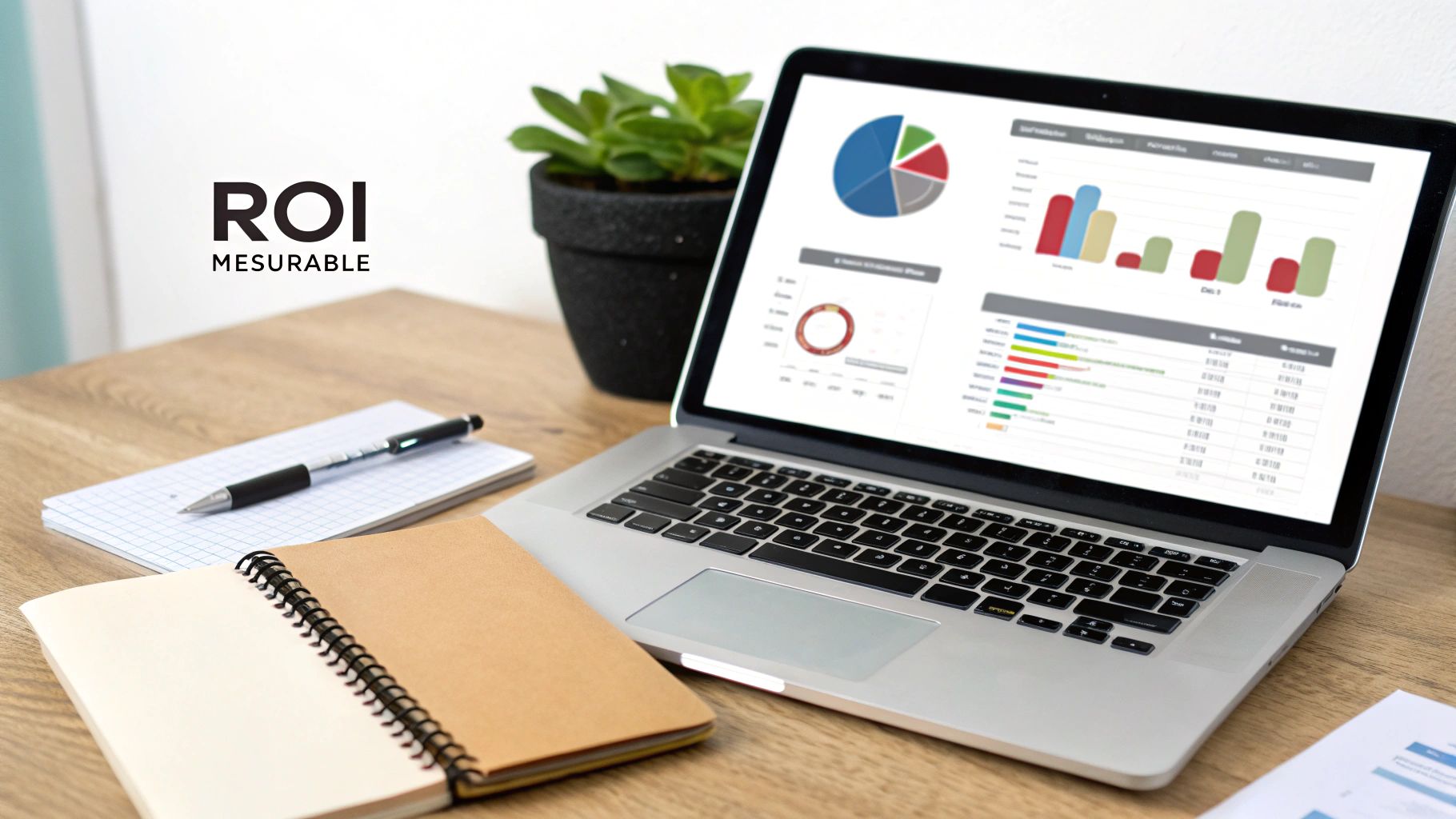 Ordinateur portable affichant des graphiques d'analyse financière, avec cahiers, stylo et plante sur un bureau, ROI MESURABLE.