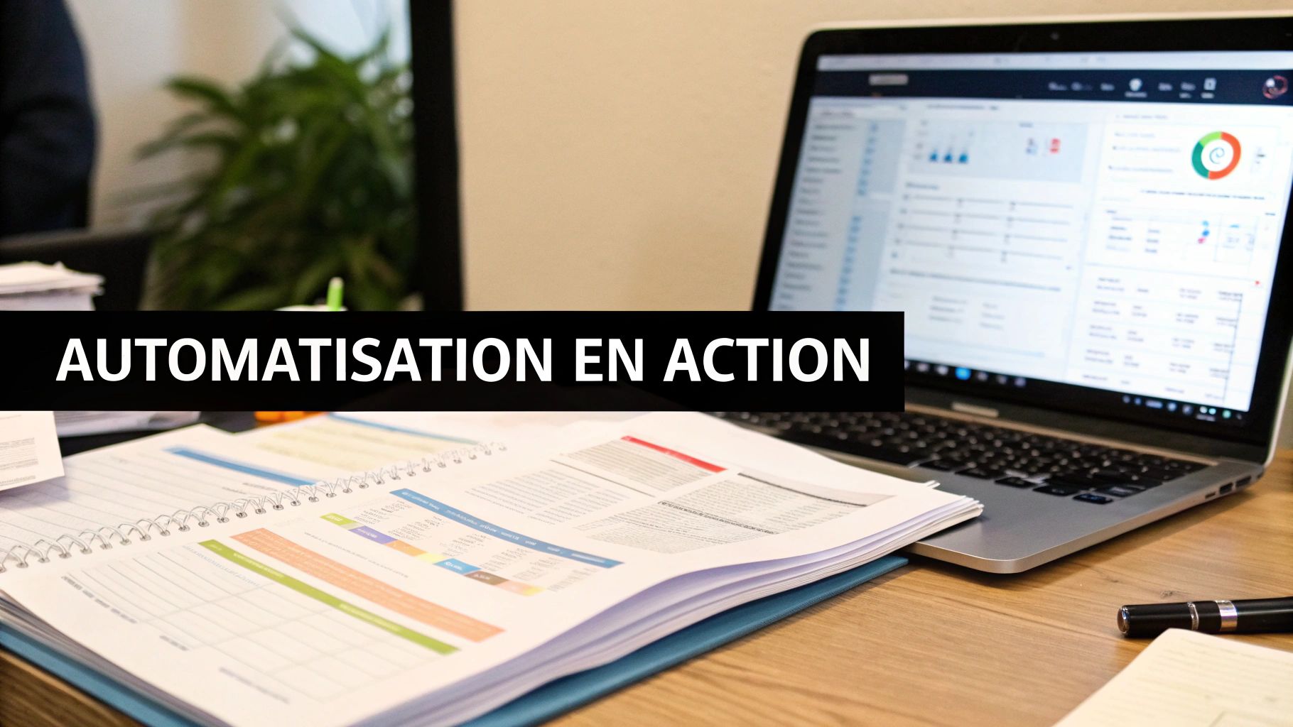 Bureau avec ordinateur portable affichant des données, des documents ouverts et un stylo, symbolisant l'automatisation en action.