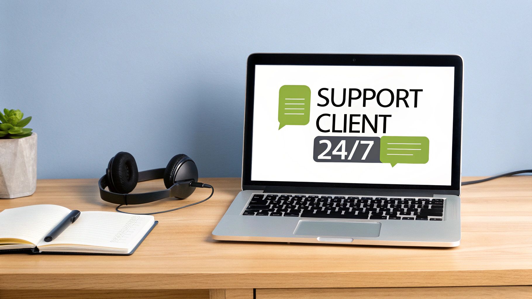 Un ordinateur portable avec le message 'SUPPORT CLIENT 24/7' sur un bureau en bois avec des écouteurs et un carnet.