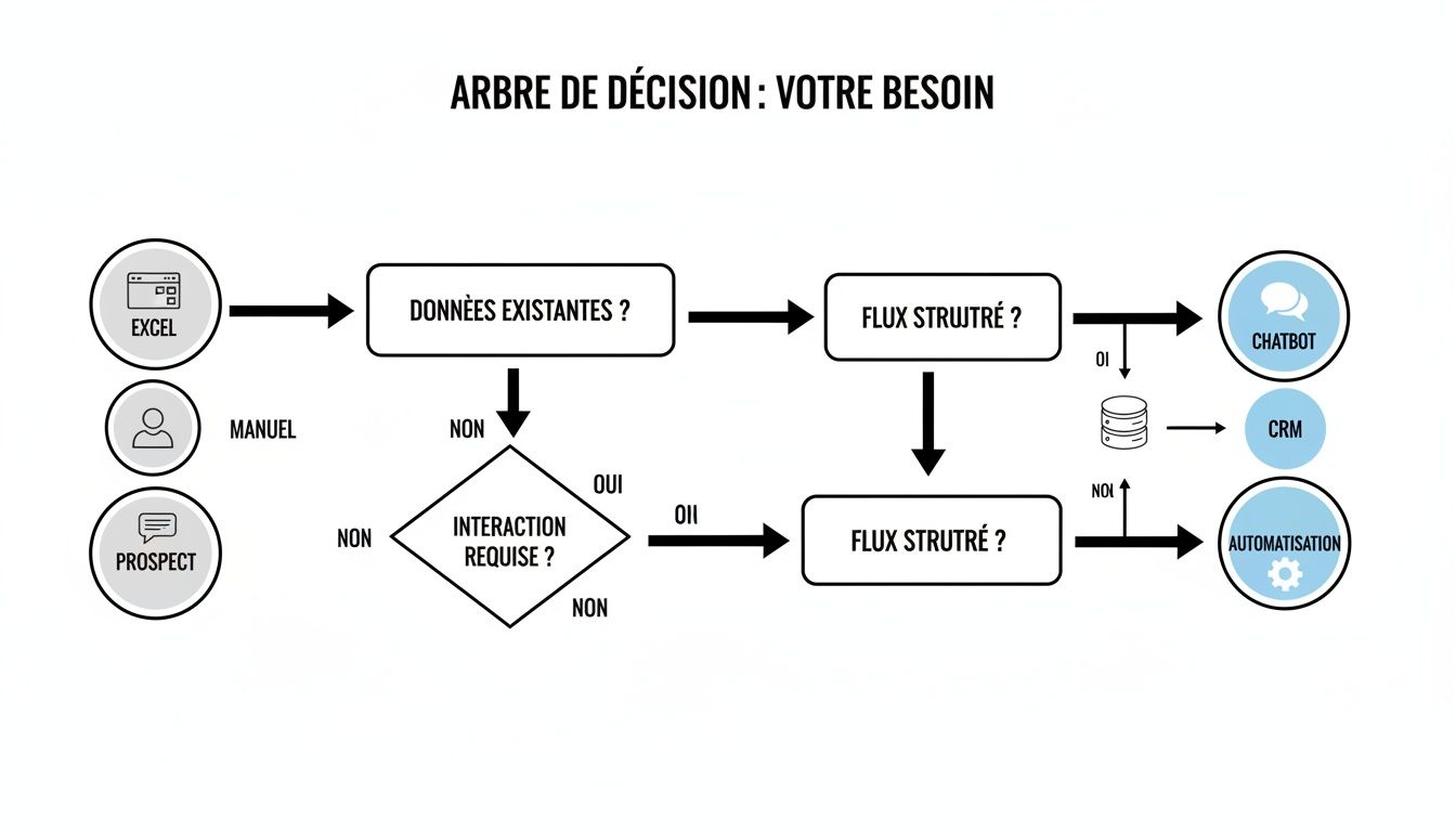 Arbre de décision illustrant le cheminement des besoins via données, interaction, flux structuré vers chatbot, CRM ou automatisation.