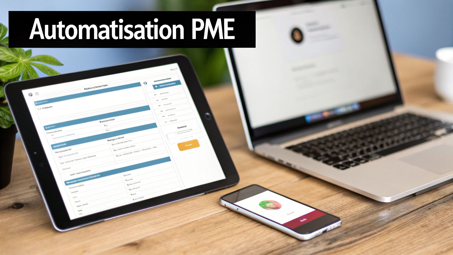 Tablette, ordinateur portable et smartphone sur un bureau en bois, avec le texte "Automatisation PME".