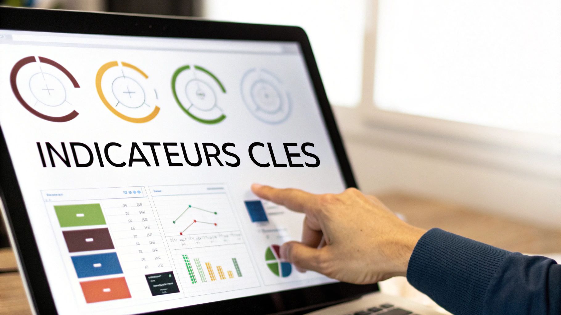 Main pointant sur un écran d'ordinateur portable affichant des indicateurs clés et des graphiques de données.