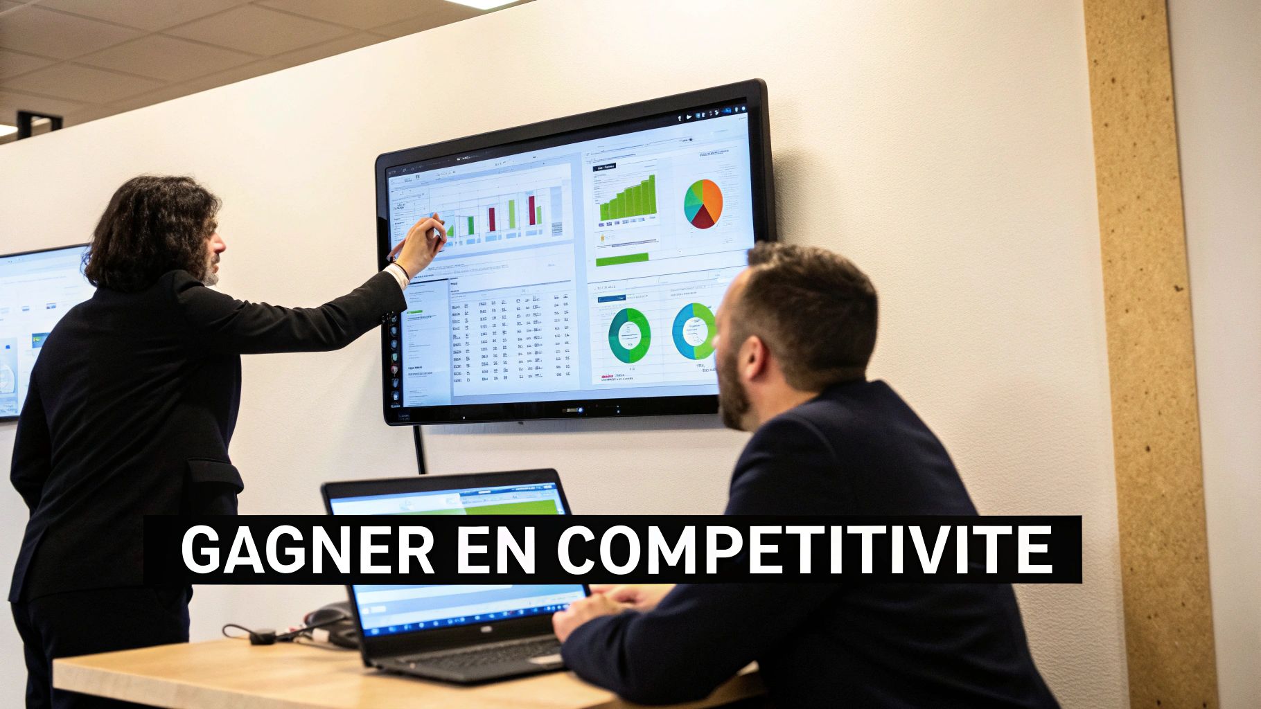 Deux professionnels analysent des graphiques de performance sur un écran tactile en vue d'améliorer la compétitivité.