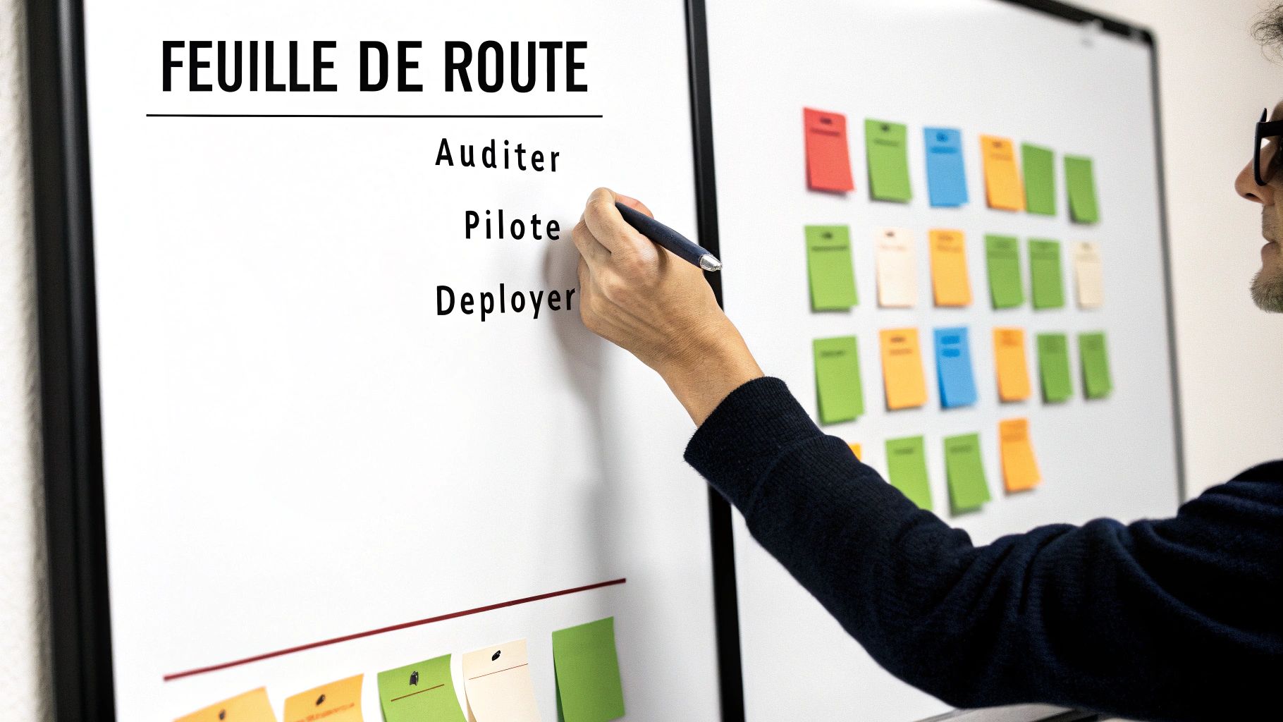 Main écrivant des étapes ('Auditer', 'Piloter', 'Déployer') sur un tableau blanc 'FEUILLE DE ROUTE' avec des post-it.