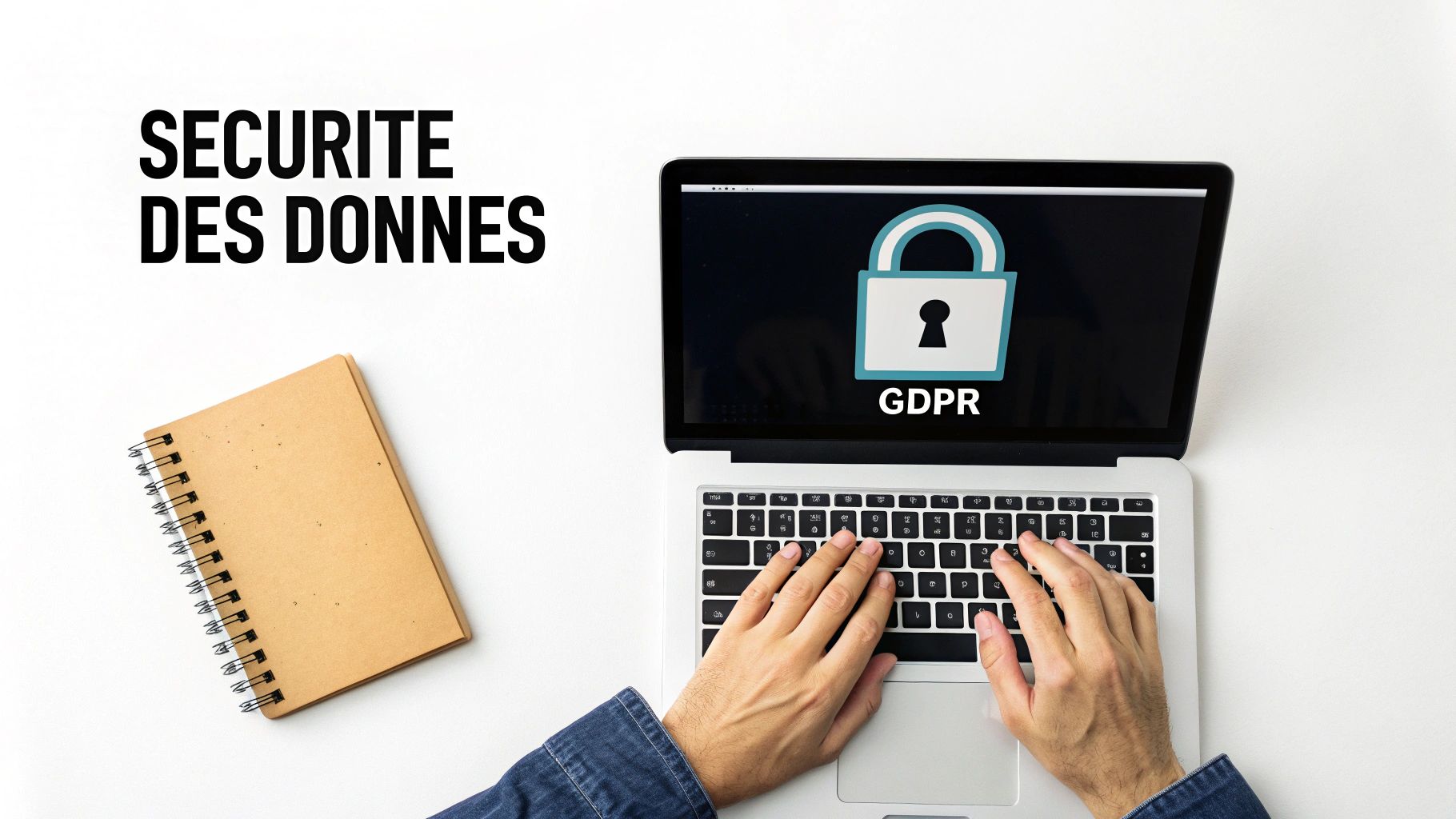 Une personne tape sur un ordinateur portable affichant un cadenas et 'GDPR', avec un cahier et le texte 'SECURITE DES DONNES' à côté.
