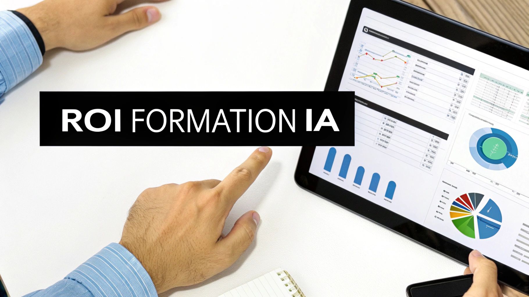 Une main pointe le texte 'ROI FORMATION IA' sur fond noir, à côté d'une tablette avec des graphiques de performance.