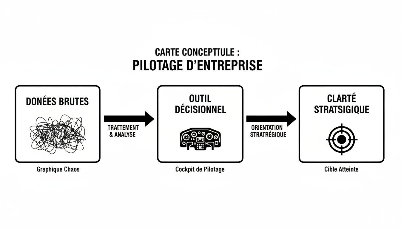 Schéma conceptuel illustrant la transformation des données brutes en clarté stratégique via un outil de pilotage décisionnel d'entreprise.