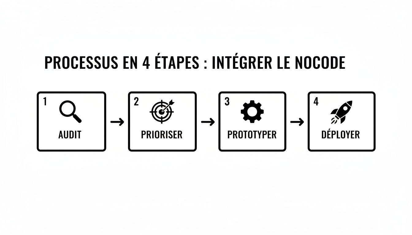 Illustration d'un processus en 4 étapes pour intégrer le NoCode : Audit, Prioriser, Prototyper, Déployer.