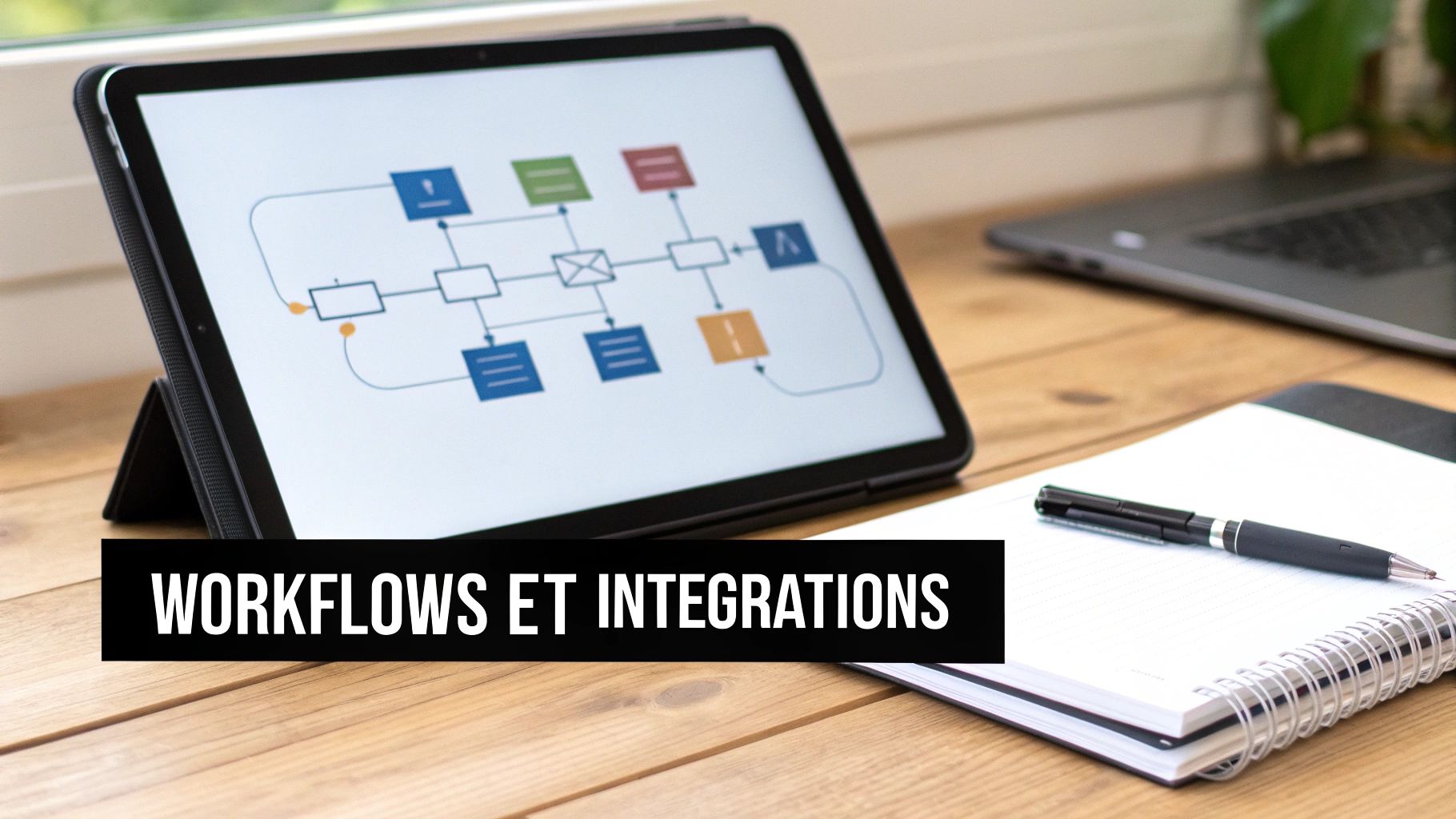 Une tablette affiche un diagramme de flux de travail complexe sur un bureau en bois, avec un carnet et un stylo.