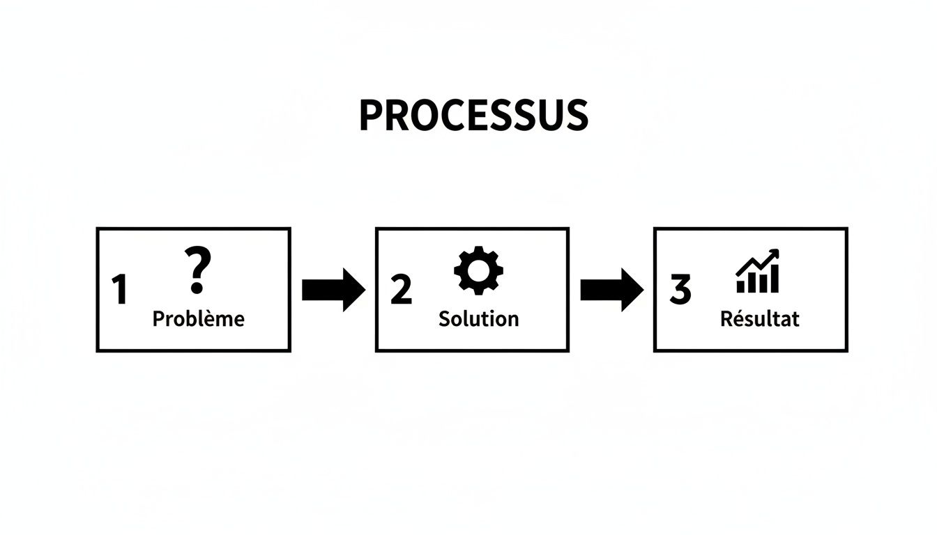 Diagramme de processus simple illustrant trois étapes : problème (?), solution (engrenage) et résultat (graphique).