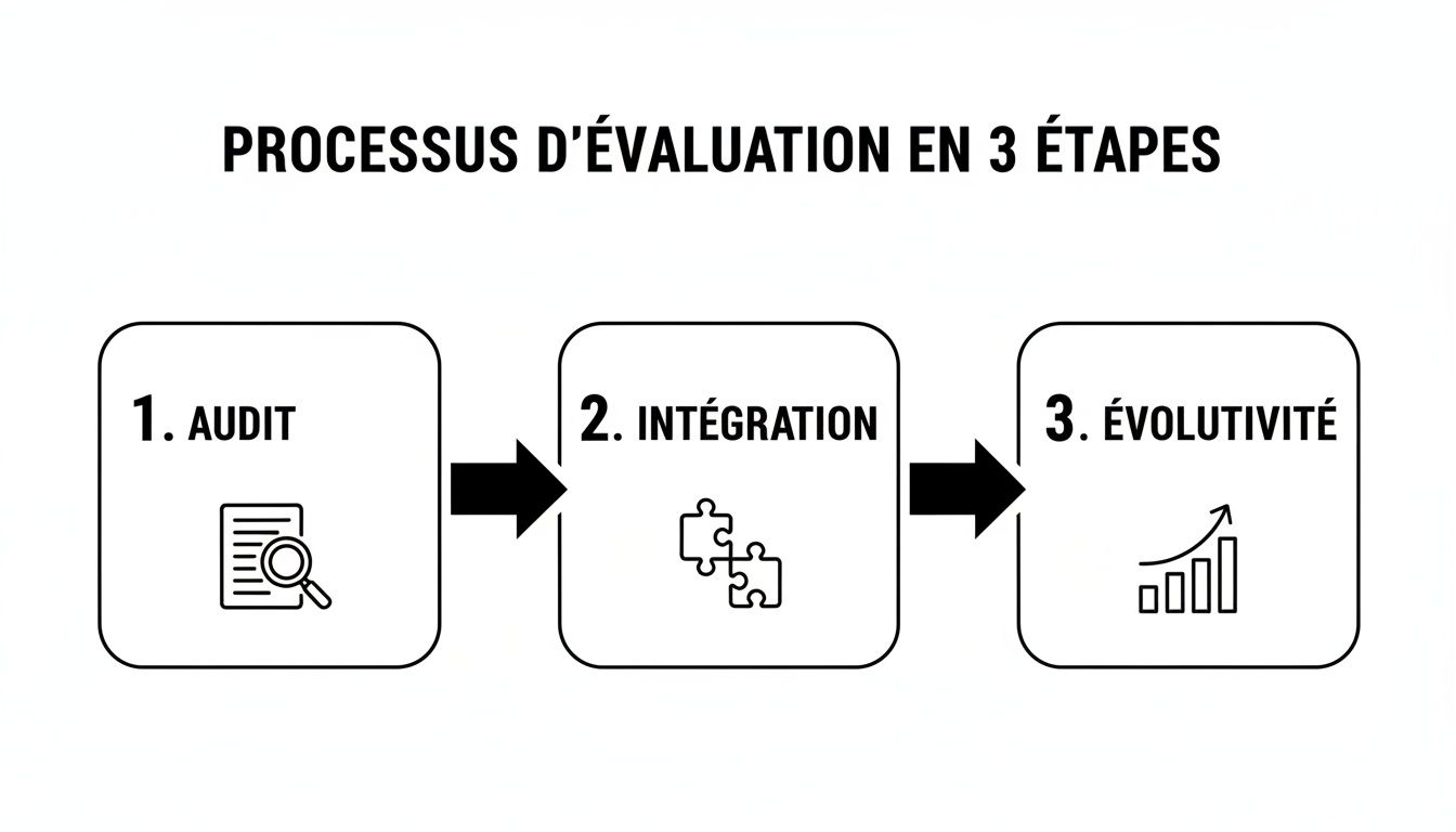 Diagramme explicatif du processus d'évaluation en 3 étapes : audit, intégration et évolutivité avec icônes.