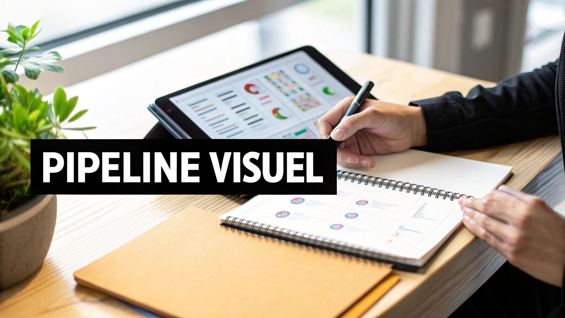 Personne analysant des données avec un stylo sur une tablette et un cahier, affichant des graphiques de pipeline visuel.