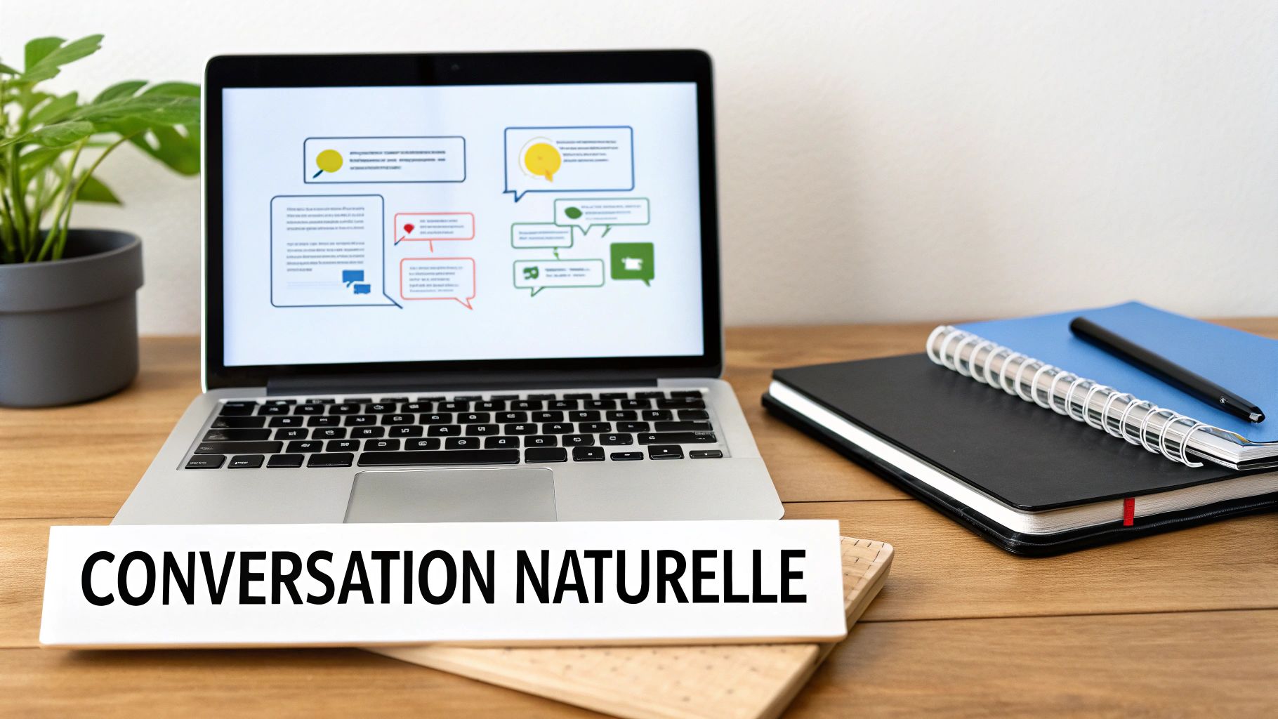 Un bureau avec un ordinateur portable affichant des bulles de conversation et un panneau "CONVERSATION NATURELLE".