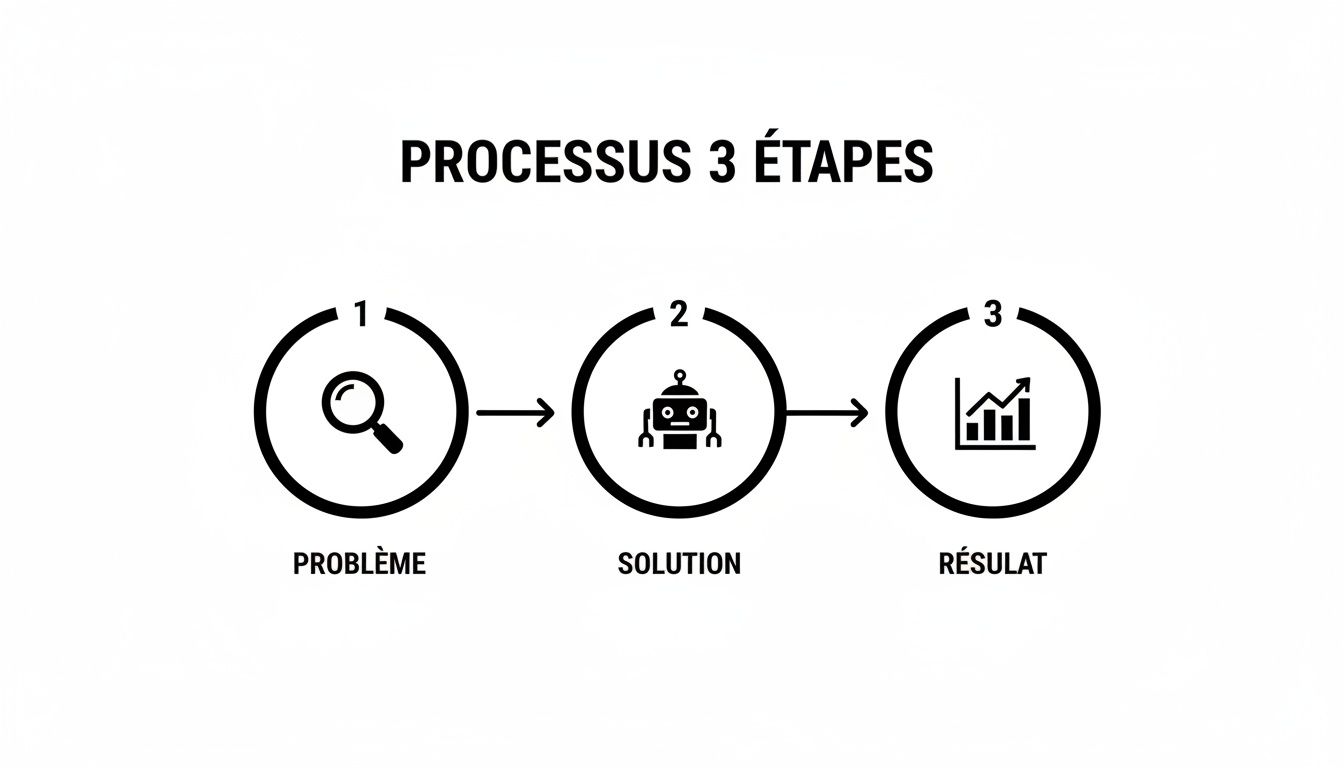 Infographie d'un processus en 3 étapes: Problème (loupe), Solution (robot), Résultat (graphique). Un guide clair de progression.