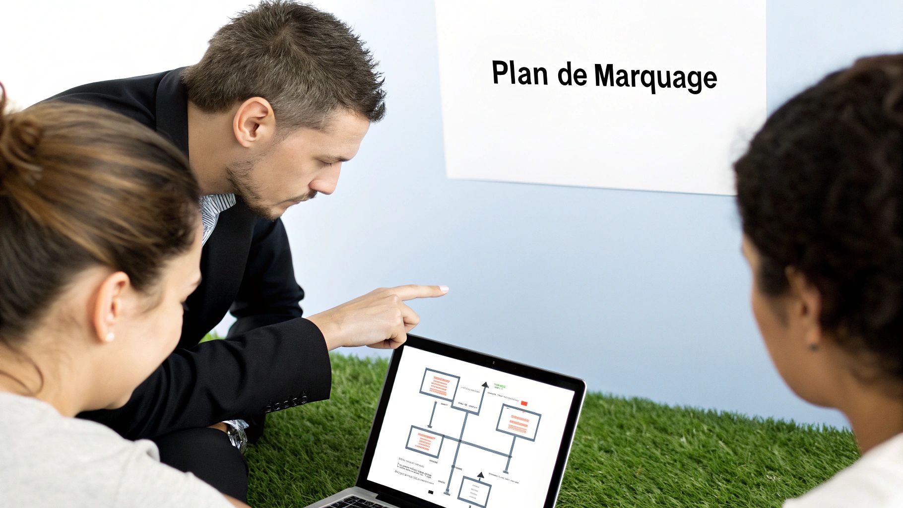 Trois personnes collaborent autour d'un ordinateur portable affichant un schéma de plan de marquage sur l'herbe.