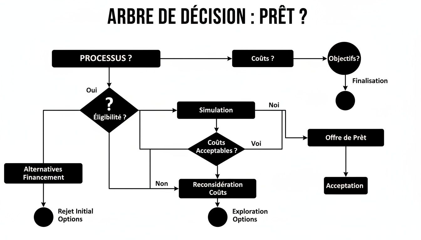 Un arbre de décision détaillé pour un processus de prêt, couvrant l'éligibilité, la simulation des coûts et l'acceptation.