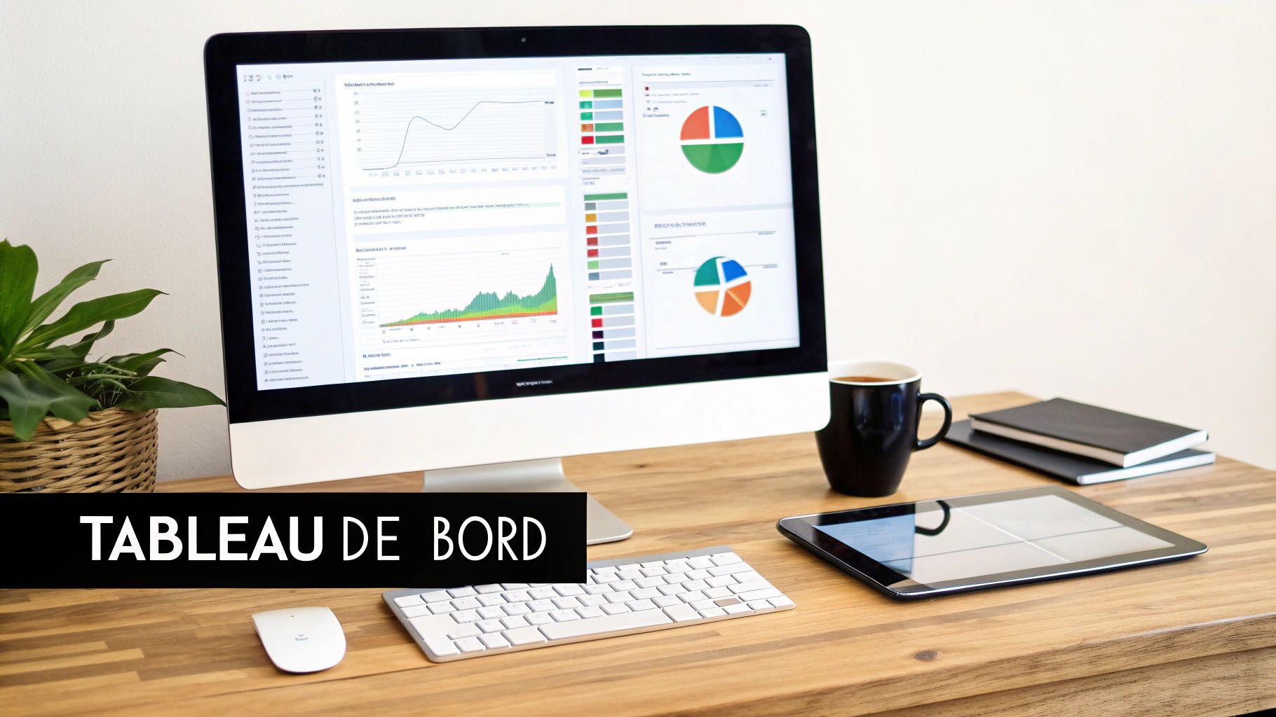 Vue d'un bureau moderne avec un écran d'ordinateur affichant un tableau de bord analytique et des outils de travail.