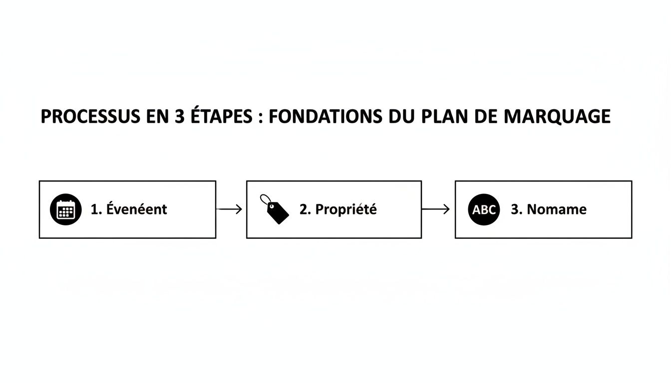 Diagramme visuel du processus en 3 étapes des fondations d'un plan de marquage : événement, propriété et nom.