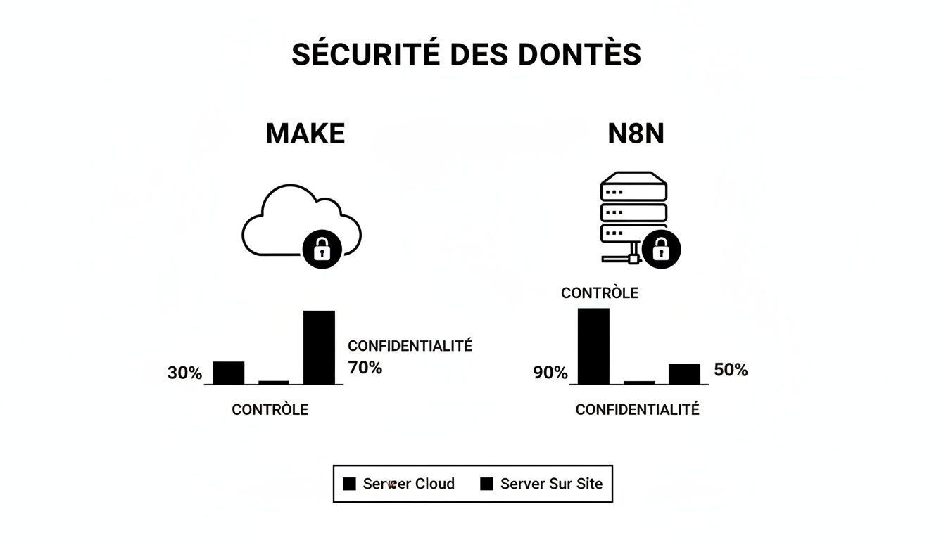 Graphique comparatif de la sécurité des données entre Make (Cloud) et N8N (Sur Site), montrant contrôle et confidentialité.