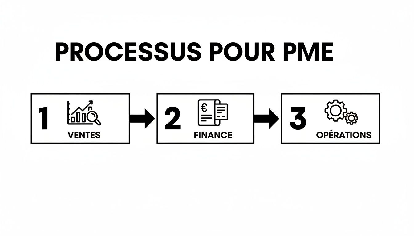 Infographie représentant les étapes clés d'un processus métier pour les PME : ventes, finance et opérations.