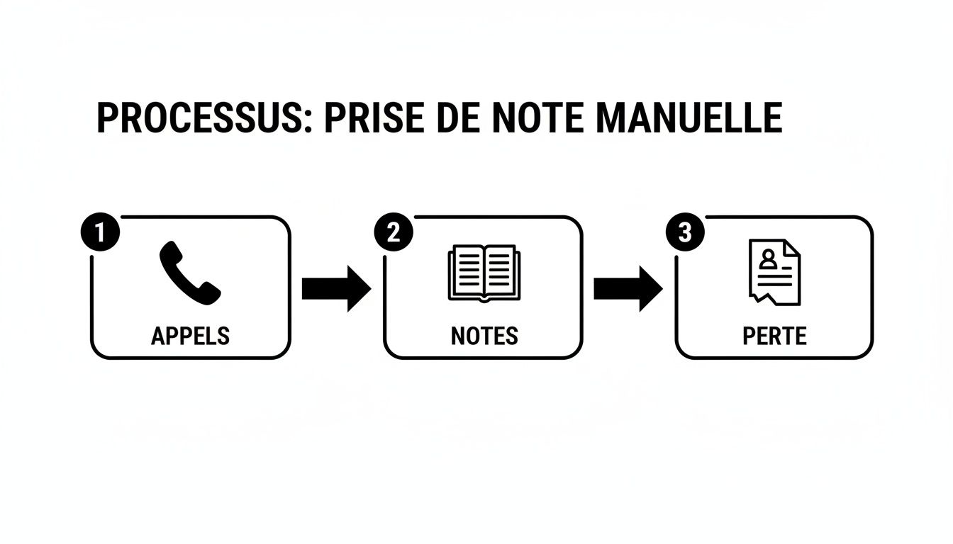 Diagramme du processus de prise de note manuelle: appels téléphoniques, transcription des notes, puis perte d'informations.