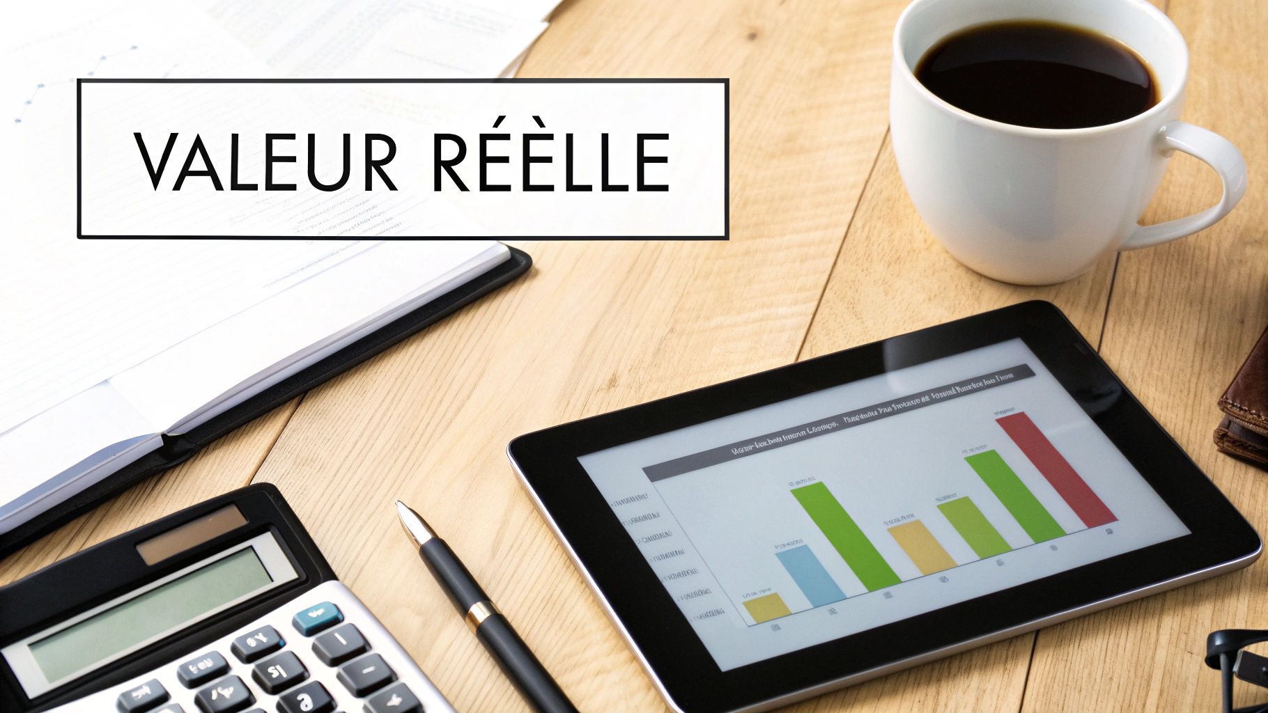 Vue de dessus d'un bureau avec un texte "VALEUR RÉELLE", une tablette affichant un graphique, une tasse de café, une calculatrice et des documents.