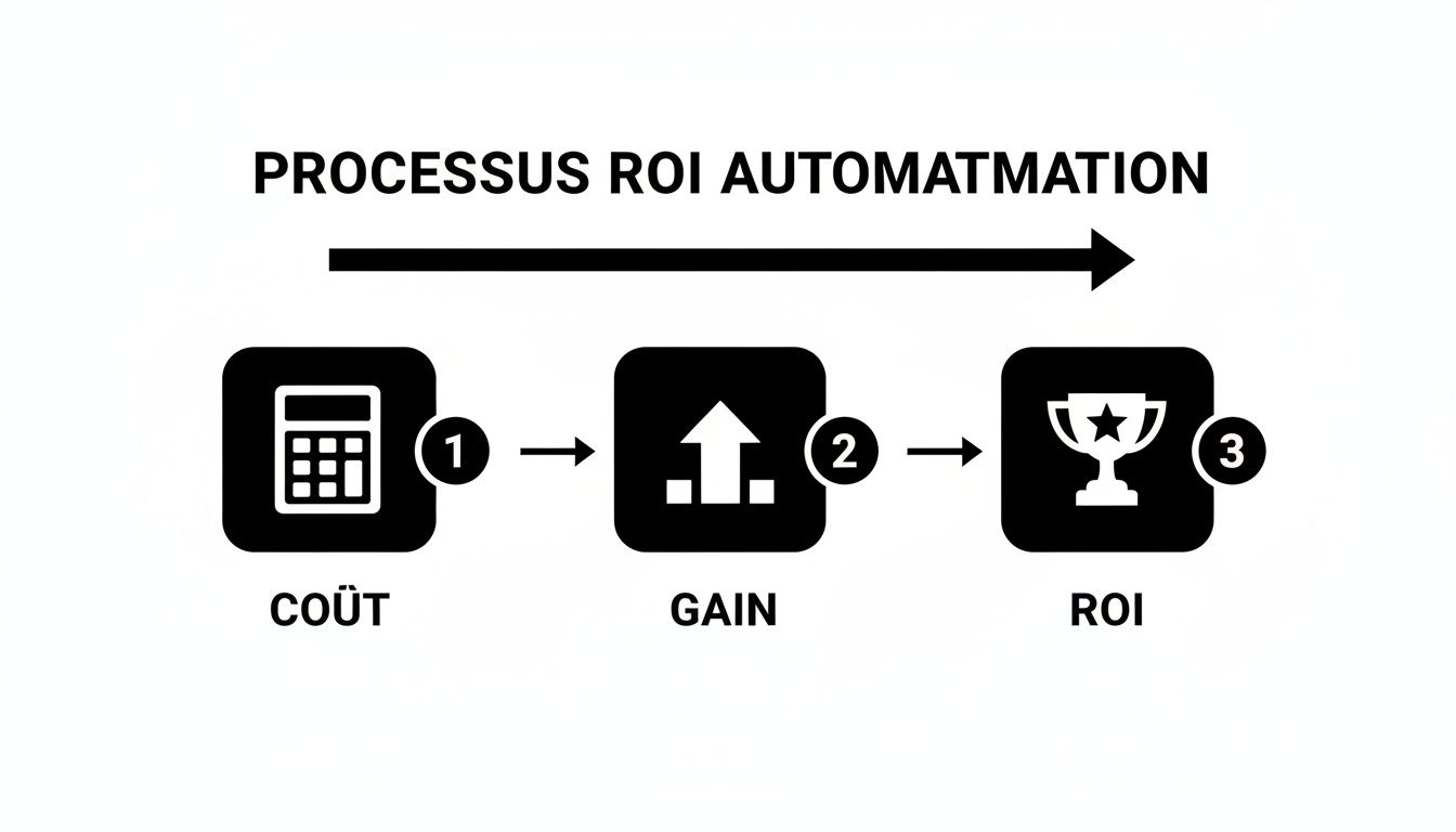 Diagramme du processus d'automatisation du ROI, illustrant les étapes de coût, gain et retour sur investissement.