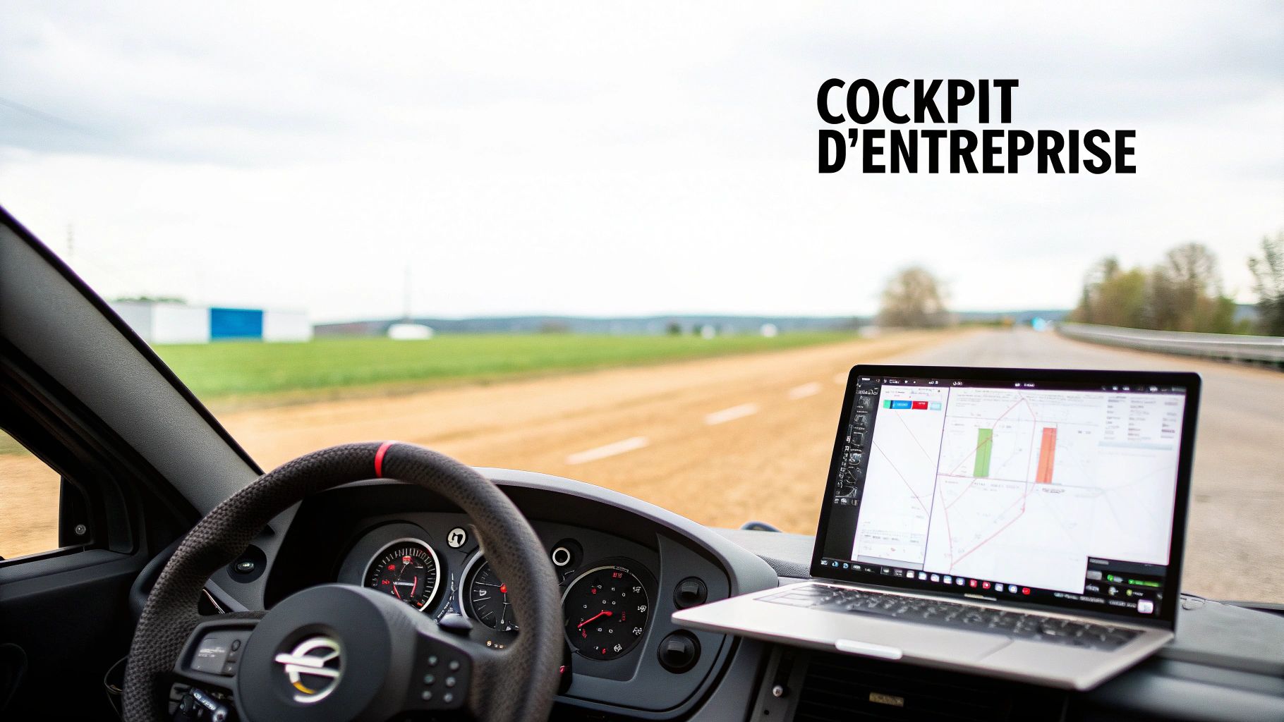 Un ordinateur portable avec carte interactive sur le tableau de bord d'une voiture, en bordure de route. Texte: Cockpit d'entreprise.