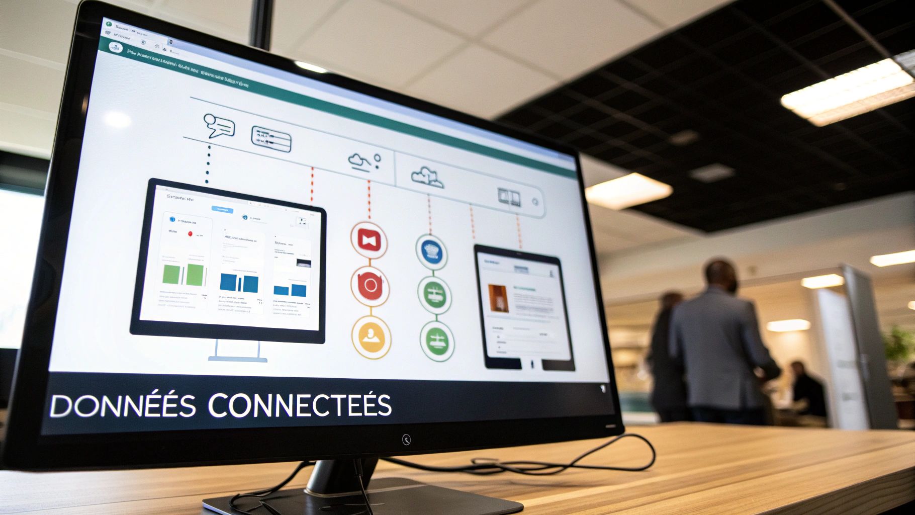 Gros plan d'un écran d'ordinateur affichant un diagramme complexe de données connectées et des graphiques. Le texte "DONNÉES CONNECTÉES" est visible en bas de l'écran.