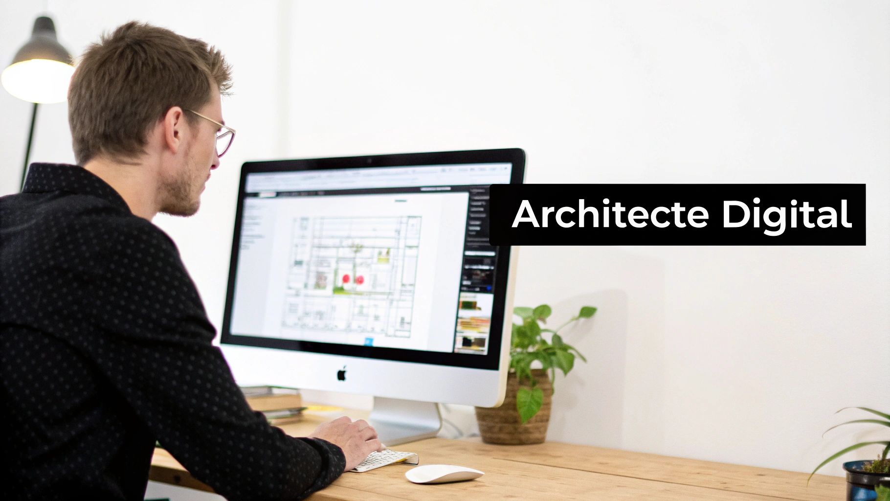 Un homme avec des lunettes travaille sur un ordinateur Apple, affichant des plans d'architecture. Le texte 'Architecte Digital' est superposé.