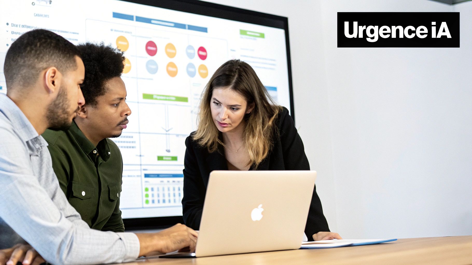 Trois collègues en réunion analysant des données sur un ordinateur portable et un grand écran.