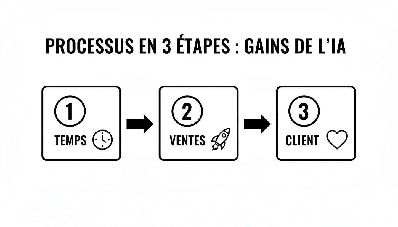 Un processus en 3 étapes montrant les gains de l'IA : optimisation du temps, augmentation des ventes et satisfaction client.