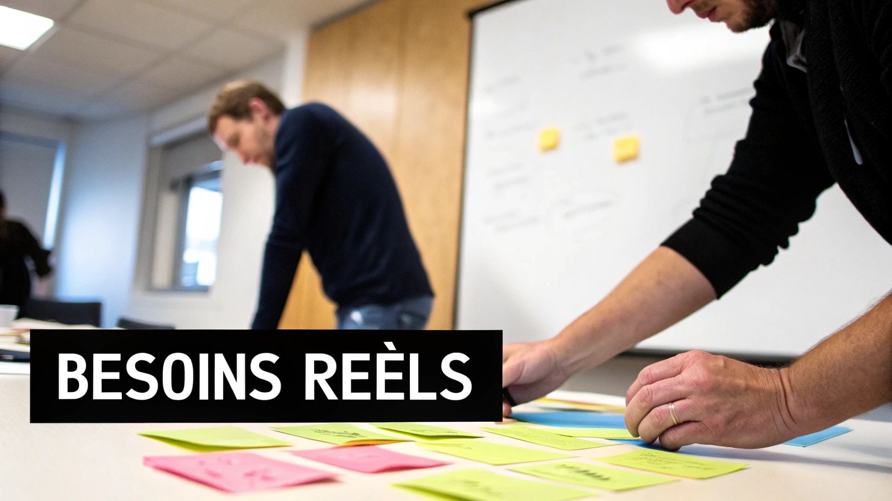 Une équipe en atelier de travail, dessinant des processus sur un tableau blanc