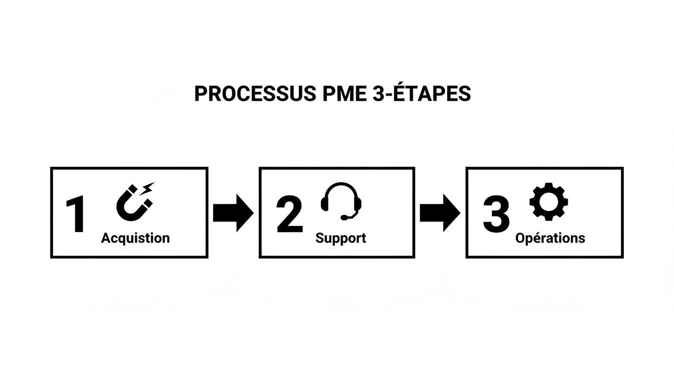 Infographie illustrant le processus PME en 3 étapes: Acquisition, Support et Opérations, avec des icônes descriptives.