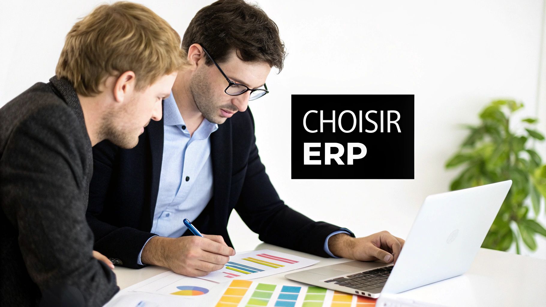 Deux hommes d'affaires analysant des graphiques pour choisir un logiciel ERP adapté à leur entreprise