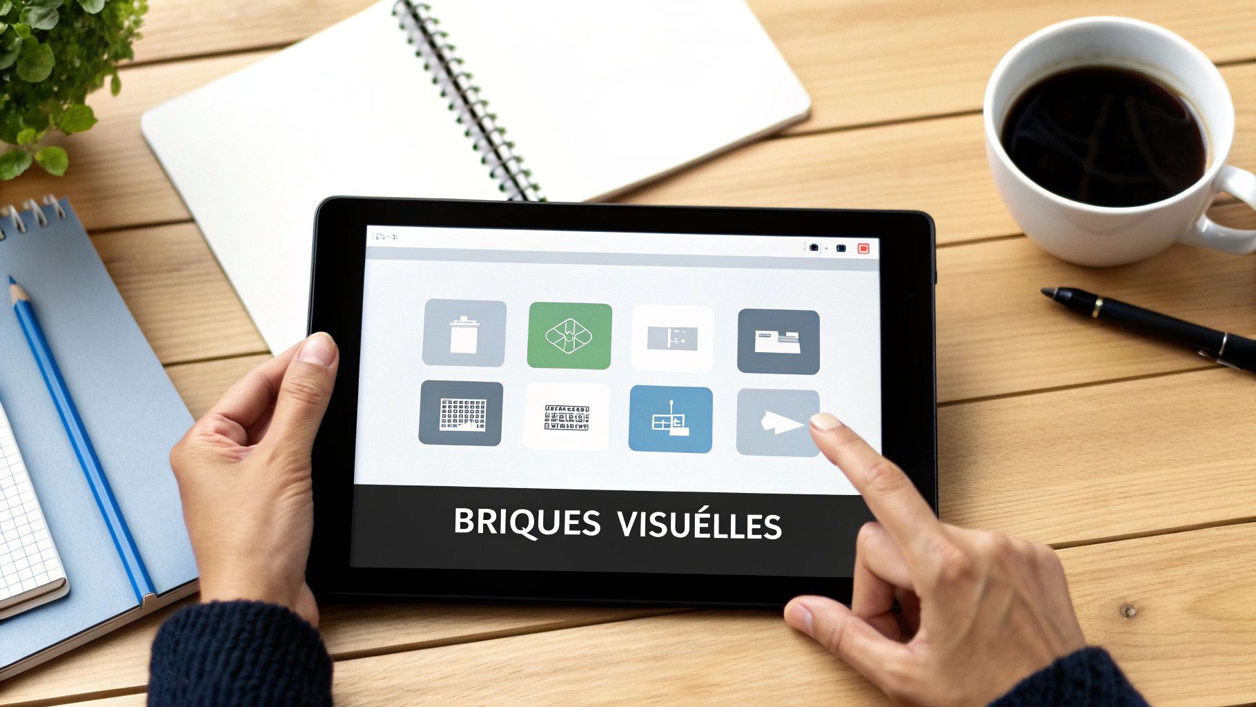 Personne utilisant une tablette affichant des icônes et le texte « BRIQUES VISUELLES » sur un bureau en bois avec des fournitures.