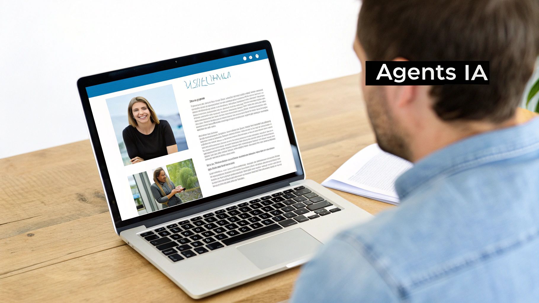 Vue arrière d'une personne devant un laptop, écran affichant un site web avec photos, texte et l'inscription 'Agents IA'.