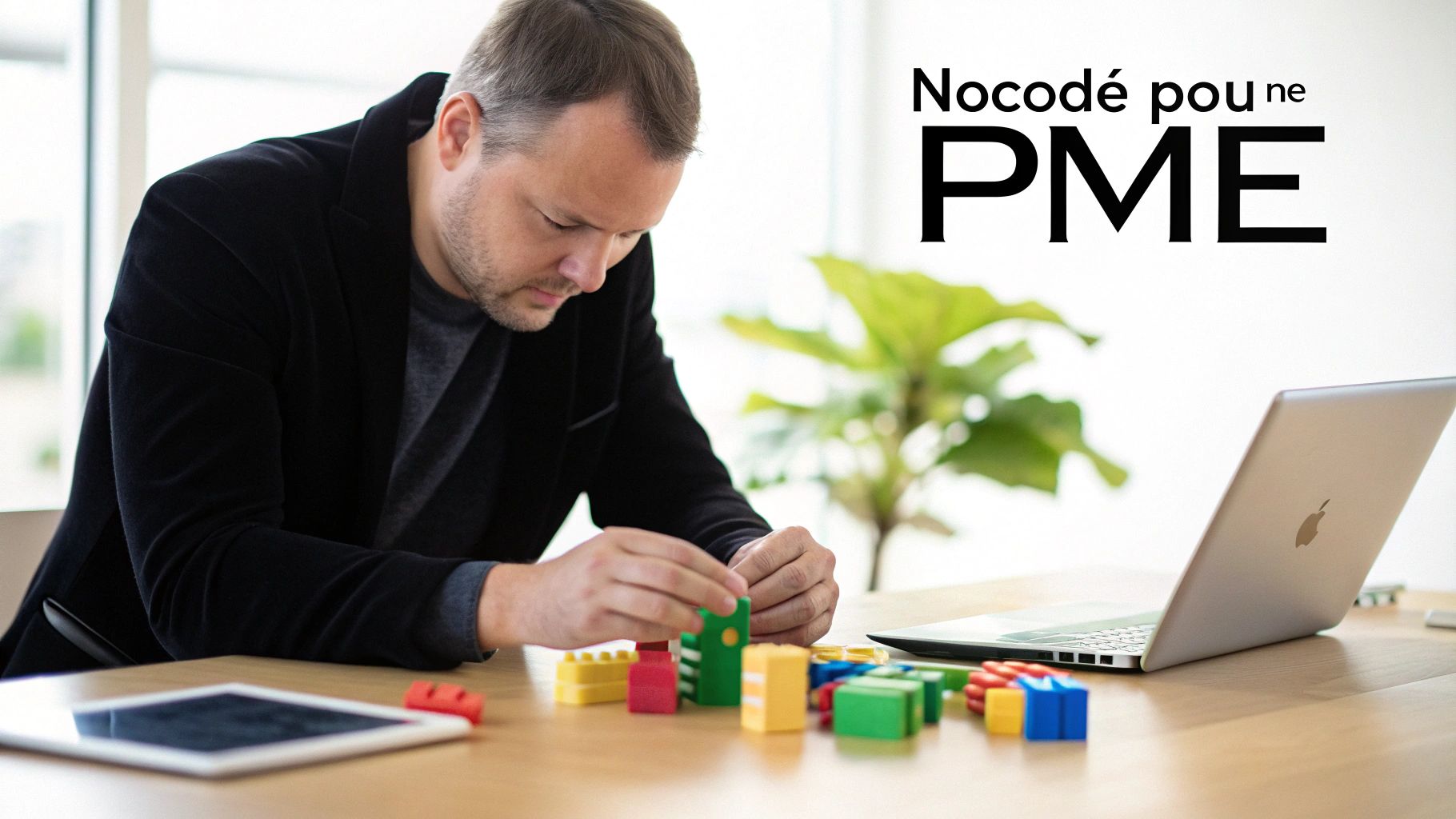 Un homme en veste noire construit avec des blocs de jeu colorés sur un bureau, avec un ordinateur portable et une tablette.
