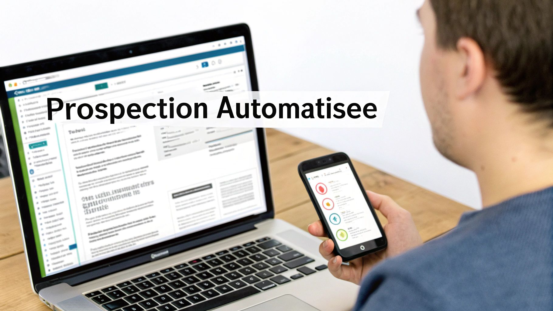 Image d'un homme utilisant un ordinateur portable et un smartphone, avec le texte 'Prospection Automatisée' superposé.